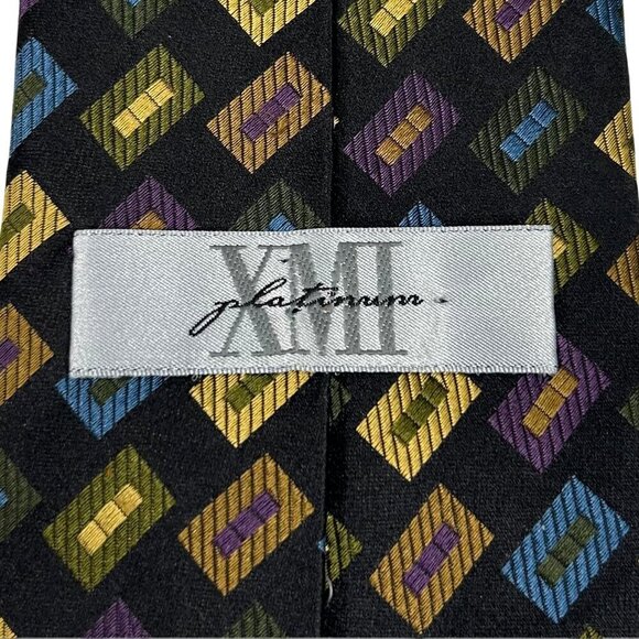 XMI Platinum Men’s Black Blue Gold Geometric 100% Silk Tie - Picture 4 of 6